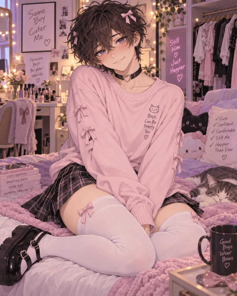 A young person with curly hair styled with bows, wearing a pink oversized sweater and a plaid skirt, sits on a cozy bed covered in purple bedding. The background features a decorated room with beauty products, posters, and a cute cat plushie. A cup with a playful saying rests nearby.